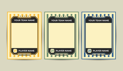 Set of trading frames for game sports card template. Three blank player cards in yellow, green, and blue for sports team or player profiles, game or tournament