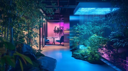 Enchanting Futuristic Indoor Garden with Neon Lighting and Tranquil Aquatic Elements