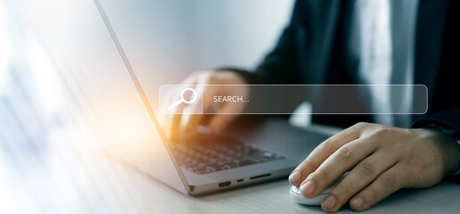 Poster - person clicking internet search page on touch screen. searching information on internet. seo searchi