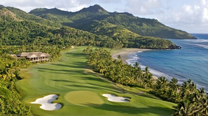 A golf ball perched on a tee, framed by lush green trees and an expansive golf course