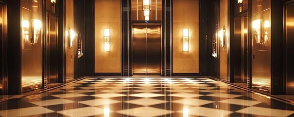 Poster - Luxurious elevator interior with elegant lighting and tiled floor, creating a modern and sophisticated atmosphere.