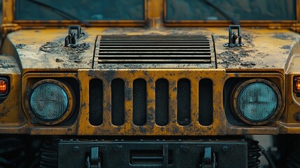 Close-up of a worn yellow vehicle front.