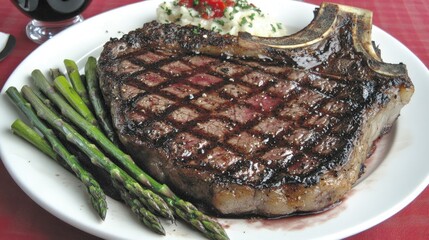 Sticker - A juicy steak served on a white plate with asparagus and a red wine glass beside i