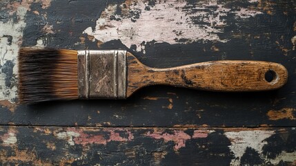 old, filthy paintbrush with a large wooden handle. painting for a primitive, rustic farmhouse interior. Ink, paint, and drawing materials concept. Clipping path