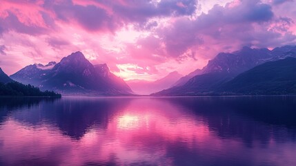 Wall Mural - Tranquil pink and purple mountain range with clouds and water reflection, bathed in sunset light, showcasing a serene nature travel scene.