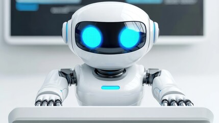 Poster - A robot receptionist welcoming guests into a sleek, futuristic hotel lobby