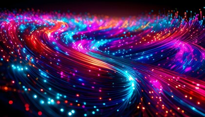 Canvas Print - Mesmerizing digital landscape of flowing lights and colorful particles revealing stunning depth and luminous effects