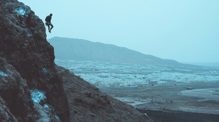 A rock climber scaling a high vertical rock face, with the valley floor far below and mountains in the distance