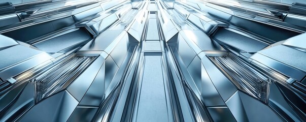 Poster - Futuristic metallic surface with geometric patterns reflecting light, creating a dynamic and modern visual effect.