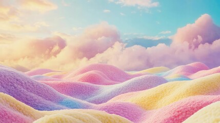 Poster - A dreamy landscape of pastel-colored hills under a soft, colorful sky, evoking tranquility and whimsy.