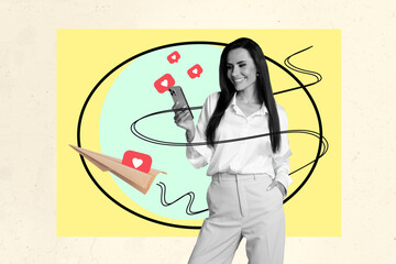 Poster - Image retro collage of successful smiling woman chatting blog followers sending sms isolated on drawing background
