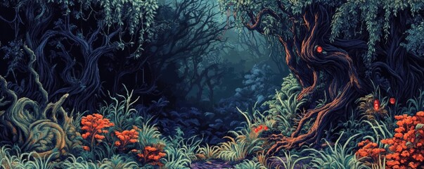 Poster - A mystical forest scene with vibrant flowers, lush greenery, and winding trees, creating an enchanting atmosphere.