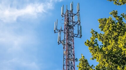 A telecommunications tower standing high on a hilltop, with antennas and dishes pointing towards the sky