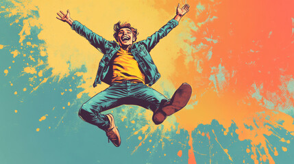 A happy young man jumps up in the air, drawn in a fun, old-fashioned comic book style.