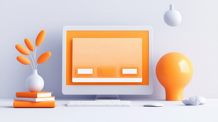 Canvas Print - Orange and White Computer Desktop with Books, Vase and Lightbulb.