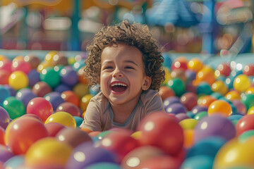 Photo of a happy boy playing in a ball pool at an indoor playground on a sunny day. Close-up portrait with shallow depth of field, Generative AI