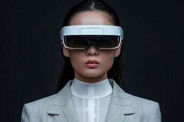 Poster - Fashion model person wearing futuristic shiny glamorous VR goggles watching cyberpunk video, Generative AI