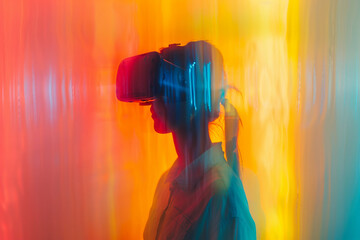 Poster - Fashion model person wearing futuristic shiny glamorous VR goggles watching cyberpunk video, Generative AI