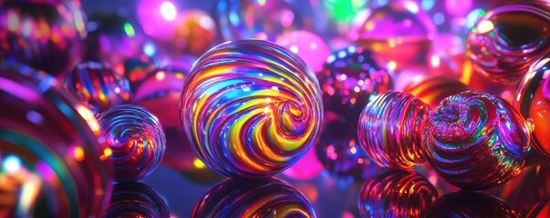 Poster - Colorful and vibrant glass marbles reflect light in an abstract setting, creating a mesmerizing visual effect for artistic use.