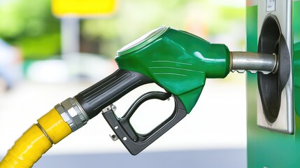 Close-up of an auto fuel nozzle at a gas station, representing refueling and car maintenance