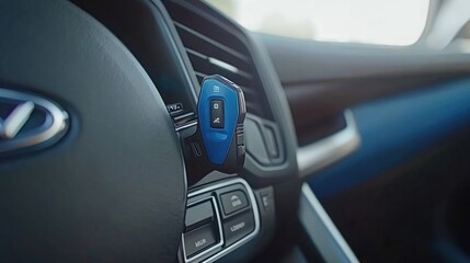 Poster - close-up of an auto ignition key turning in a vehicle, with dashboard lights illuminating as the eng