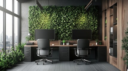 A sleek, modern home office with a dual workstation, ergonomic chairs, and a green wall for a touch of nature