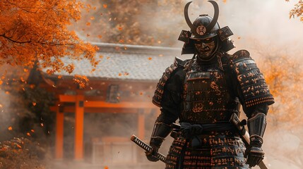 50. Samurai warrior in full armor standing beside a shrine surrounded by mist