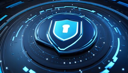 Illuminated shield representing protection and security in a digital realm with a vibrant blue futuristic backdrop