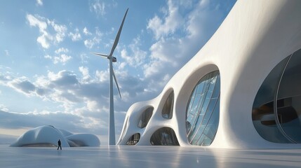 Poster - Giant Wind Turbine Casting Shadows on Modern Structure