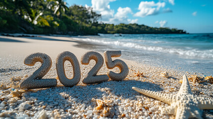 Wall Mural - 2025 number on white sand beach with starfish and sea shell