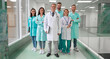 © My Ocean studio - A team of smiling medical professionals in lab coats and scrubs stand confidently in a modern hospital hallway, conveying unity, expertise, and trust. Ideal for healthcare and teamwork concepts.