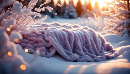 Warm blanket embraced by soft snow, radiating winters comfort amid sparkling frost and gentle sunlight