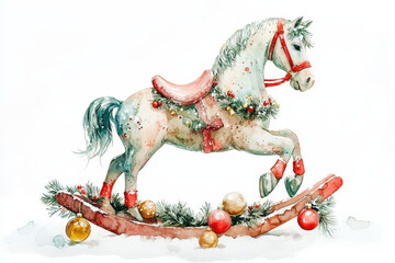 Wall Mural - Watercolor christmas rocking horse with festive decorations, creating a whimsical and nostalgic holiday atmosphere