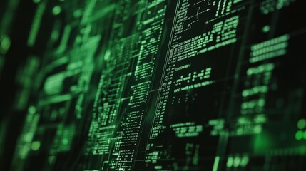 Poster - The close-up reveals detailed data visualizations glowing in green on a computer screen, showcasing intricate digital patterns and information