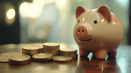 Poster - Pile of rupee coins next to a piggy bank, symbolizing savings growth, surrounded by copy space