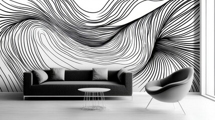 Poster - Beautiful black and white line art with flowing textures, creating a luxury wallpaper design for modern interiors. Realistic, very detailed