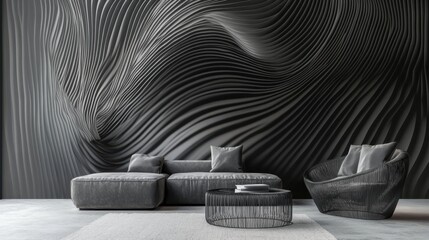 Poster - Beautiful black and white line art with flowing textures, creating a luxury wallpaper design for modern interiors. Realistic, very detailed