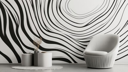 Poster - Beautiful black and white line art with flowing textures, creating a luxury wallpaper design for modern interiors. Realistic, very detailed