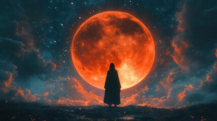 Wall Mural - a mysterious witch cloaked in dark robes standing boldly in front of an enormous red moon casting an enchanting spell under the night sky filled with shimmering stars