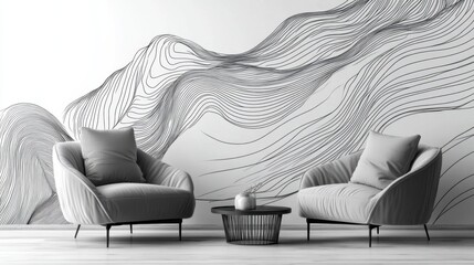 Poster - Beautiful black and white line art with flowing textures, creating a luxury wallpaper design for modern interiors. Realistic, very detailed