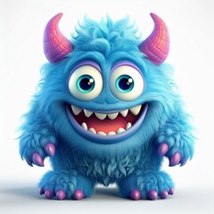 Cute blue furry monster 3D cartoon character. Halloween animal sublimation, a blue furry monster with a big smile, Lustiges Cartoon Monster.