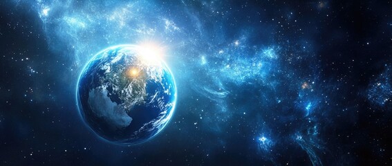 Wall Mural - earth with the sun in space, a blue galaxy background.