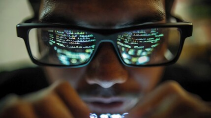 Fototapete - Hands move swiftly over the keyboard as reflections of green code illuminate the glasses of a focused hacker in a low-light setting
