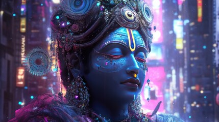 Fototapete - A digital art piece of Krishna in a cyberpunk setting, blending traditional religious imagery with futuristic themes