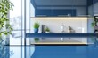 © Five Million Stock - Kitchen with an empty blue countertop against a blurred background of a modern interior. Tabletop for product presentation. Clean mockup for food or laundry detergent, washing.