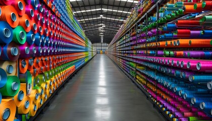 Wall Mural - Colorful Spools of Material in a Vibrant Warehouse Showcasing Organized Creativity