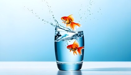 Goldfish leaping into a glass of water, representing freedom and adventure against a vibrant blue backdrop