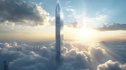 A towering skyscraper piercing through the clouds, with a glass exterior reflecting