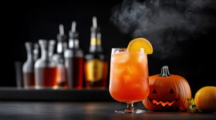 A spooky Halloween cocktail with steam, garnished with an orange slice, alongside a carved pumpkin and various bottles in the background.