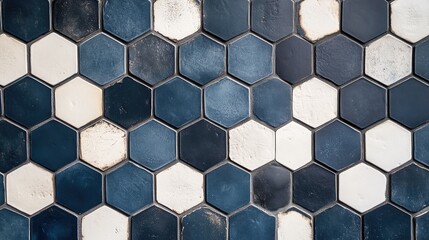 Wall Mural - Hexagonal tiles with alternating matte and glossy finishes, in dark blue and white, giving the floor a dynamic, textural quality.